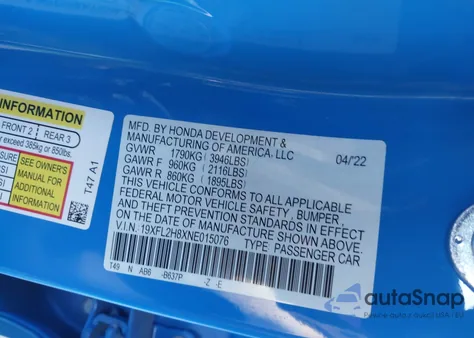 2022 Honda Civic Sport from USA, damaged, VIN 19XFL2H8XNE015076